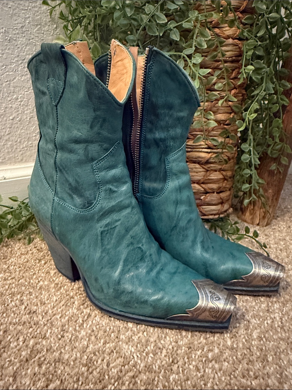 Free People Teal Leather Western Ankle Boots with Silver Toe Caps